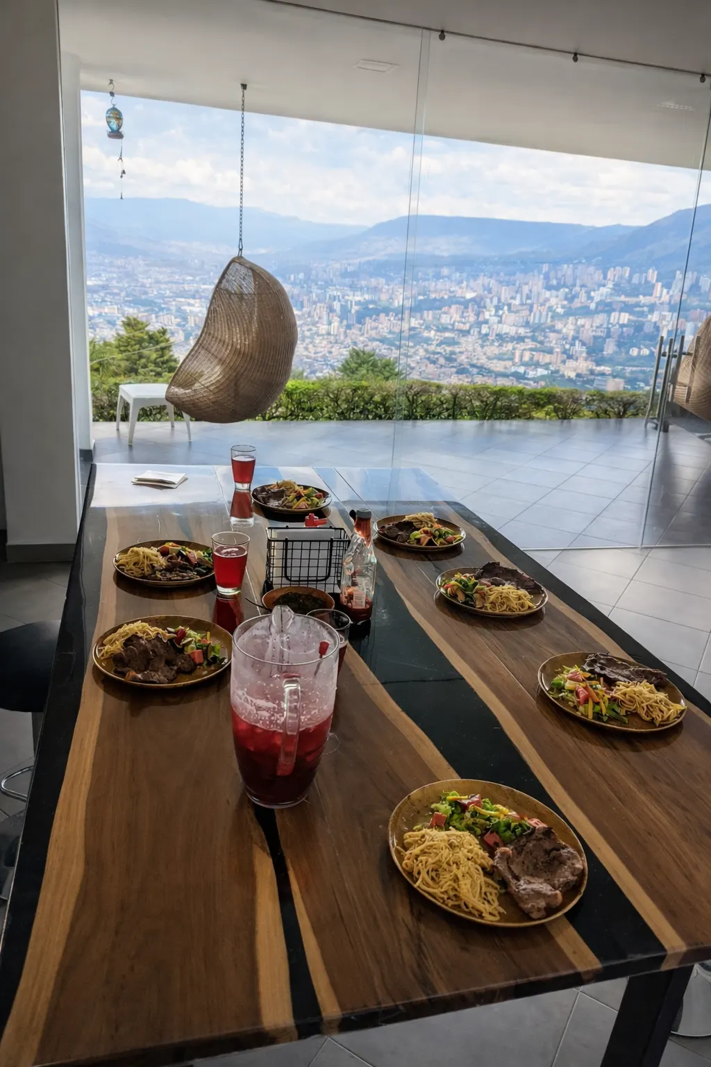 Dining table at Nomad Finca facing the Medellín valley through glass doors